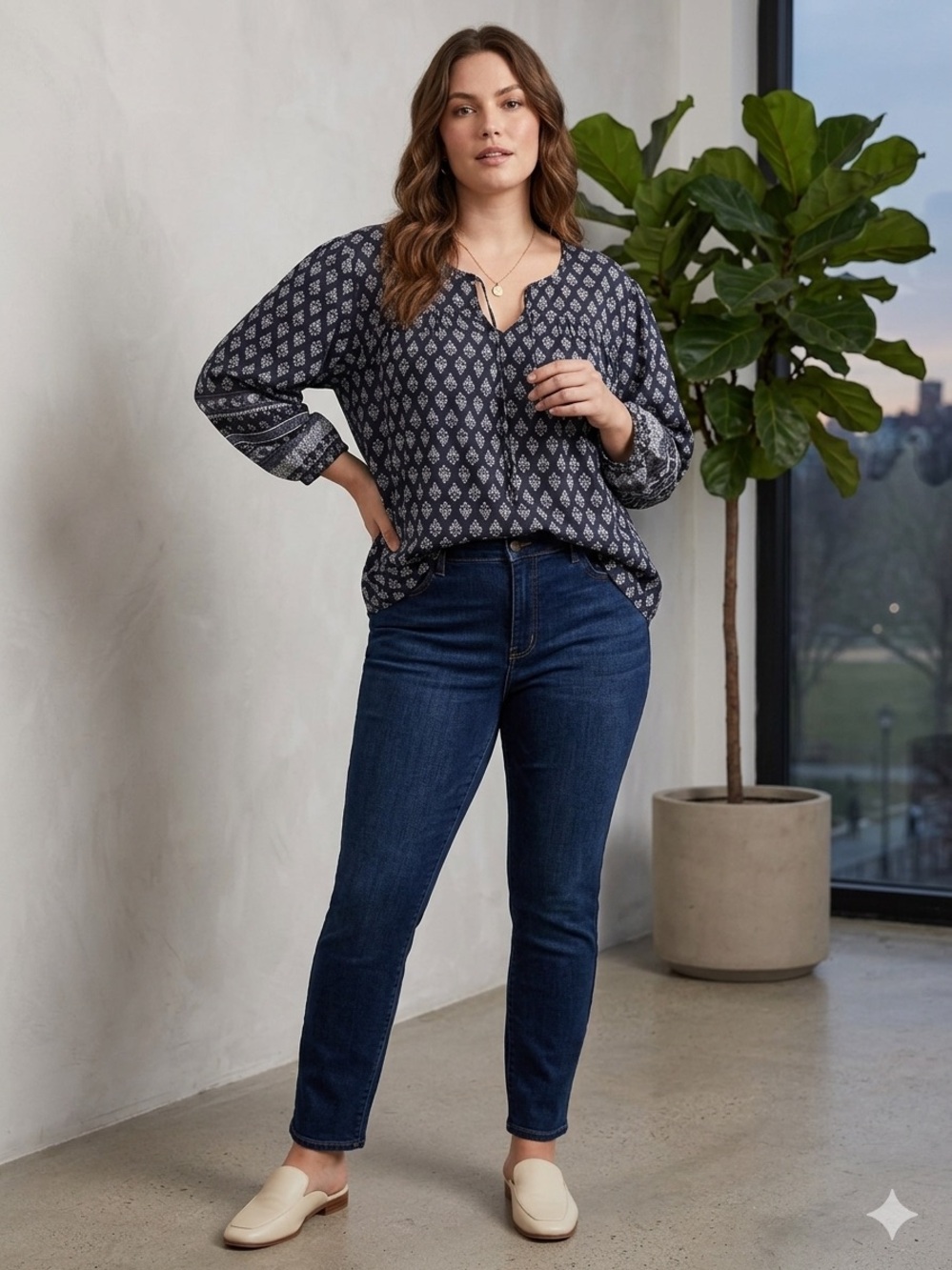 Old Navy Black and White Floral Poet Long Sleeve Blouse